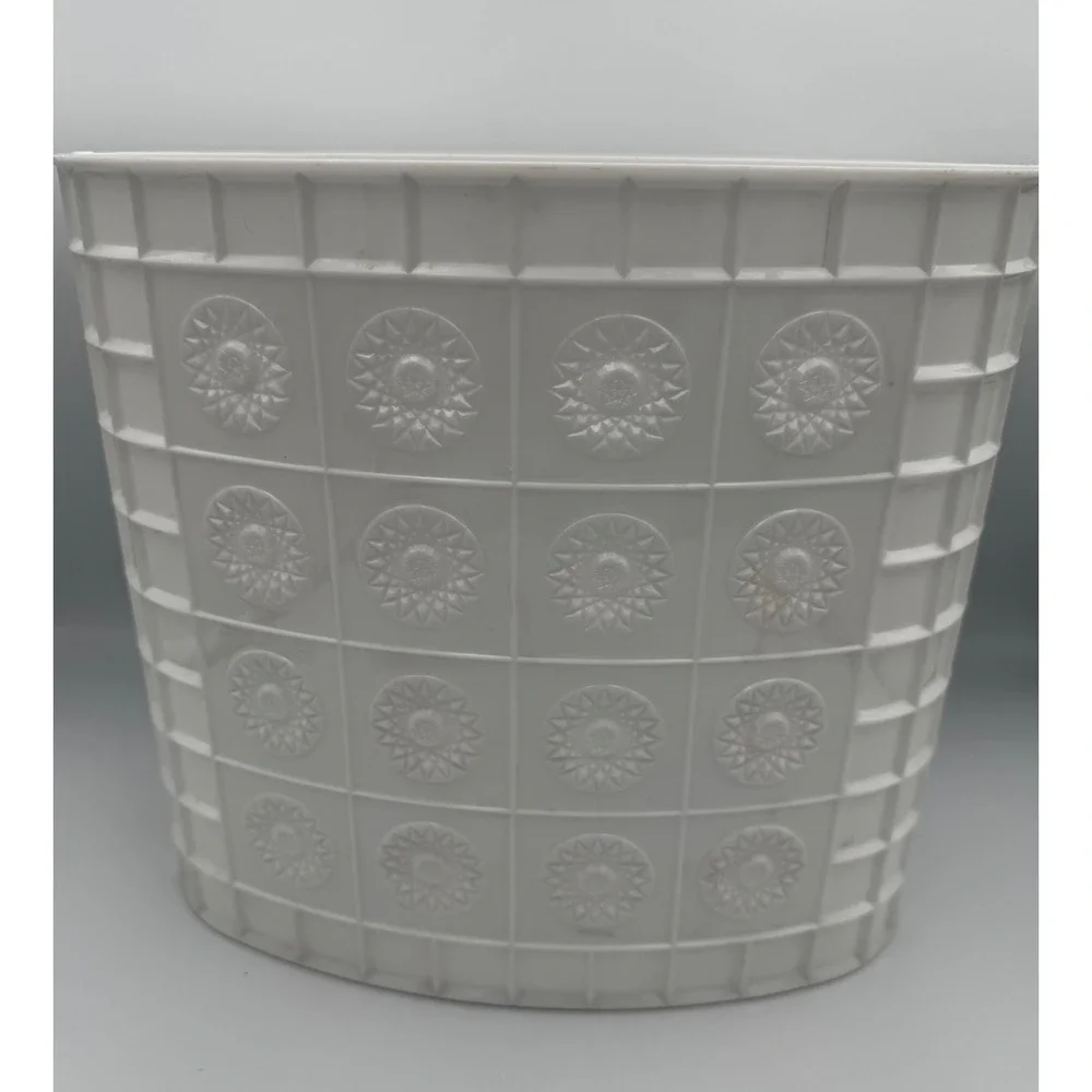Vintage MCM Starburst Wastebasket Festival Reflections White Plastic Trash Can